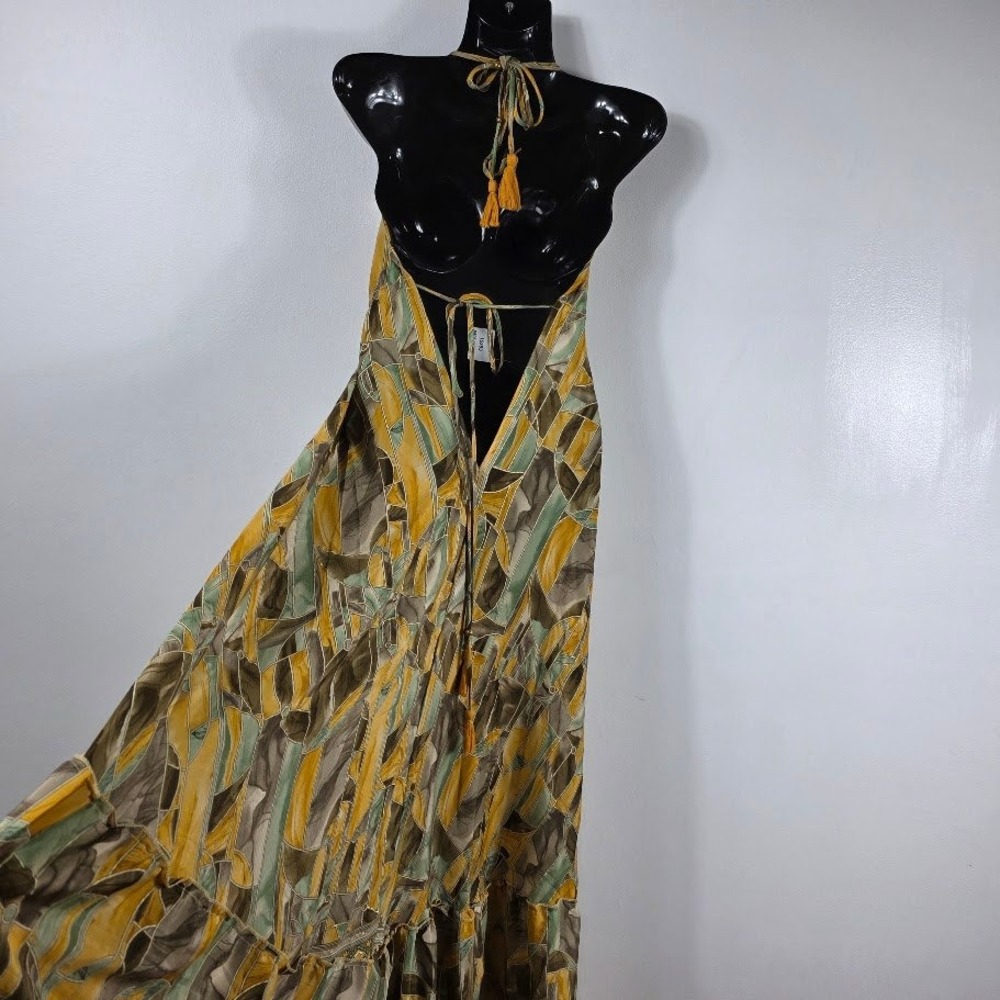 Silk/ Viscos Maxi Dress Women S-XL Gold Boho Halter Tiered Geometric - Picture 4 of 8